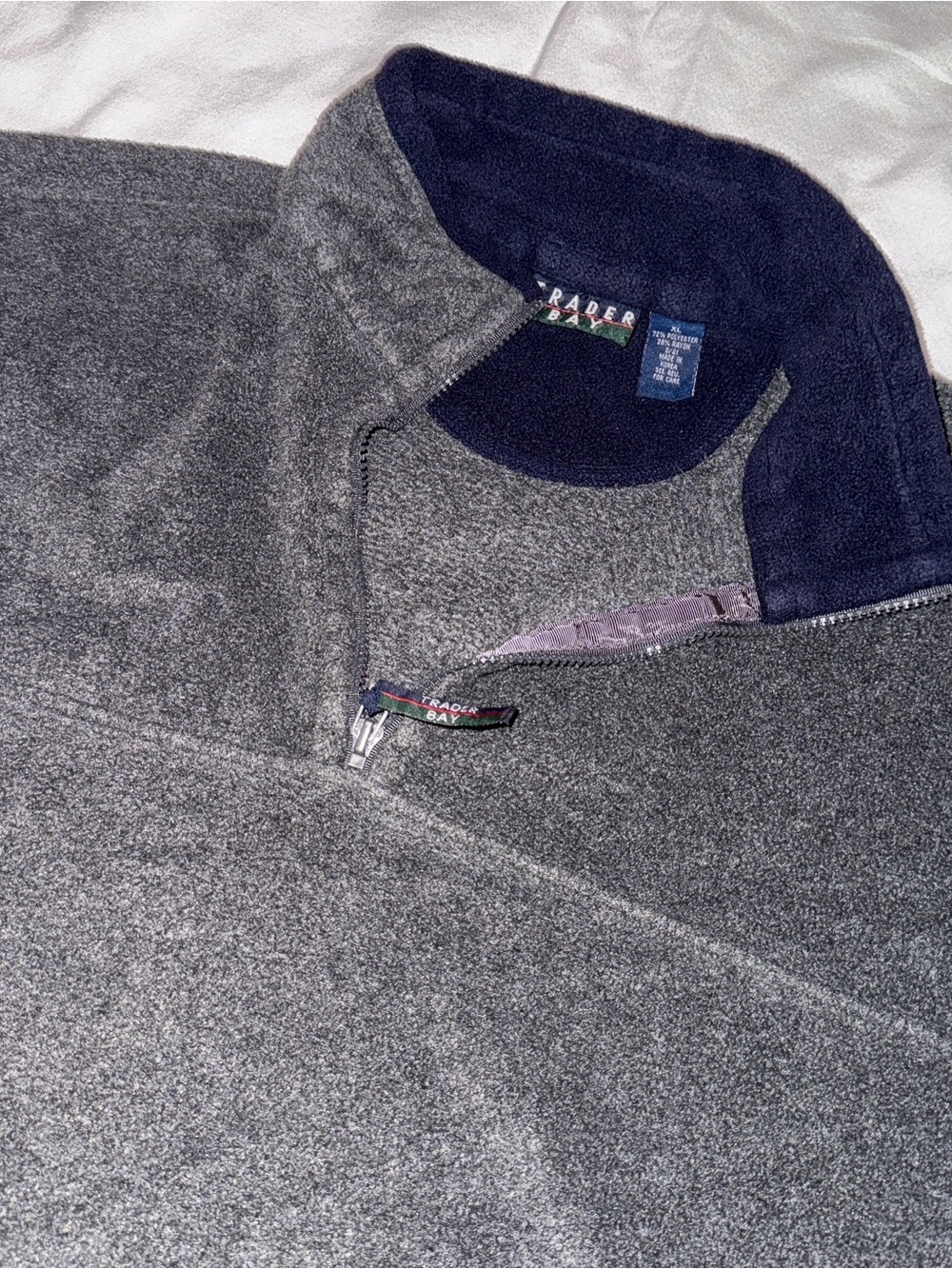 Trader Bay Men's Gray Zip-Up Fleece with Navy Inner Collar